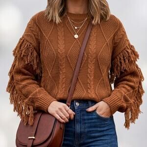 Pink Lily Fringe Sleeve Cable Knit Sweater Brown M Western Boho Fall Cowgirl Top